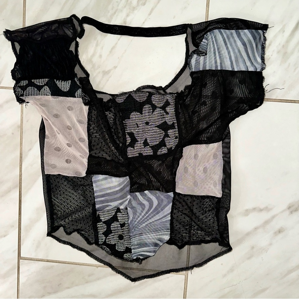 VTG Y2K Patchwork Mesh Top Sheer Mixed Print Floral Fairy Grunge Women's XS